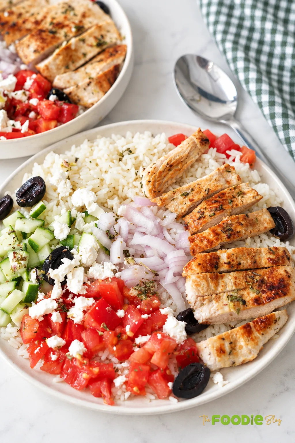 Greek chicken rice bowl with sliced grilled chicken, white rice, cucumber, tomatoes, feta cheese, red onion, and black olives.