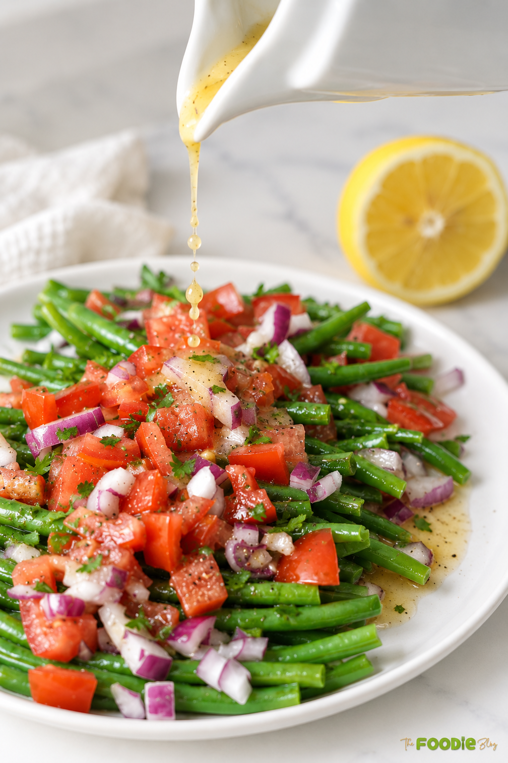 Finished green bean and tomato salad topped with red onion and fresh parsley.