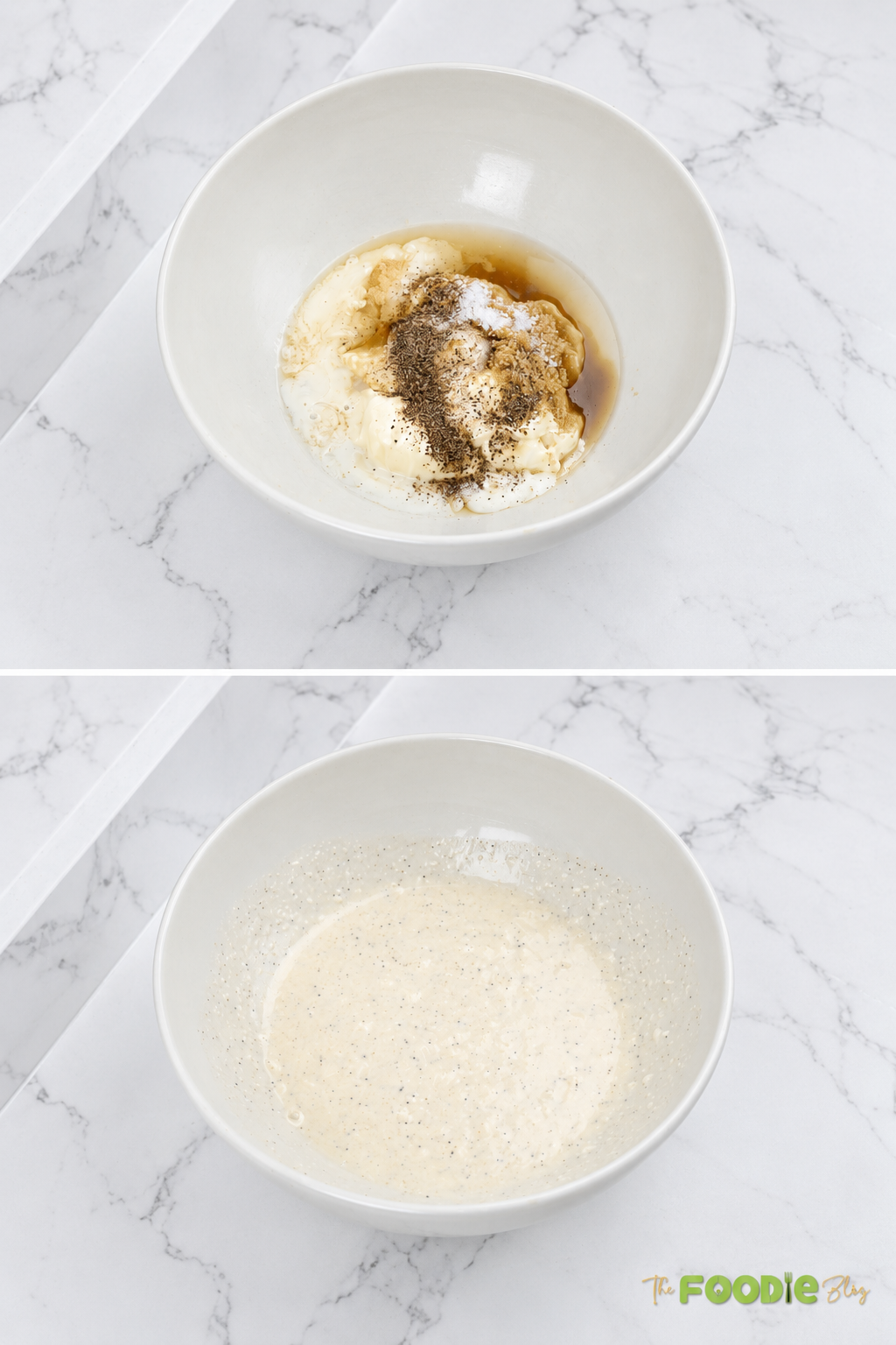 Creamy mayonnaise dressing being prepared with milk, vinegar, brown sugar, salt, and pepper.