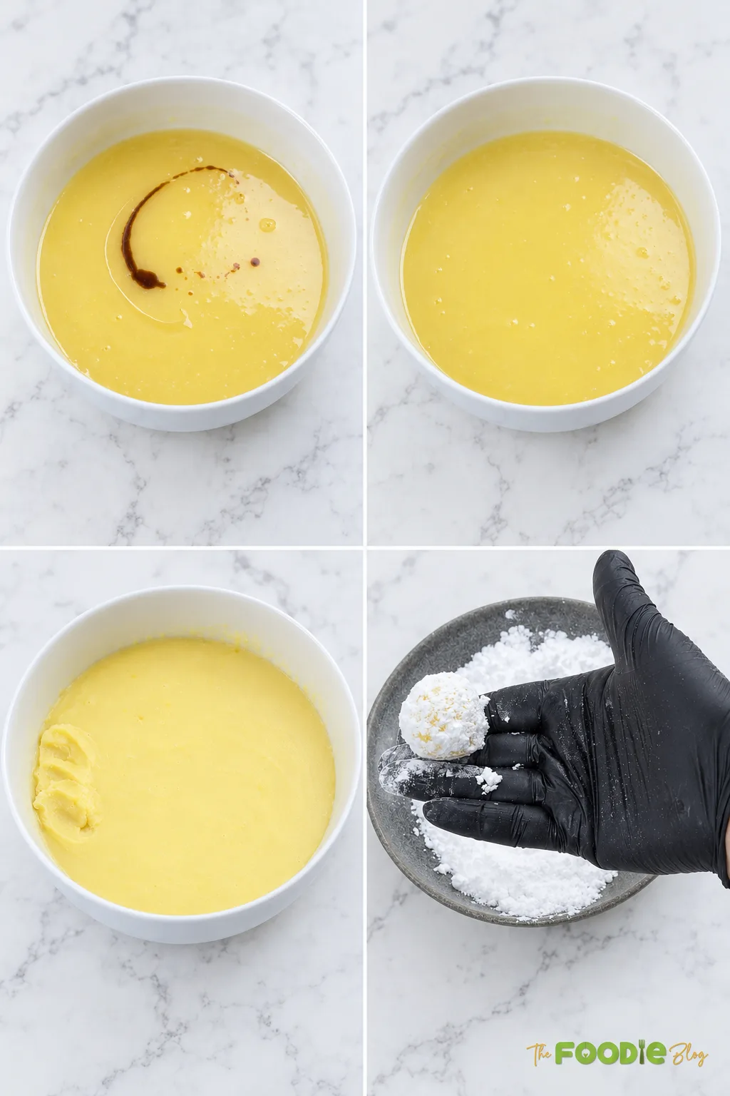 Step by step lemon truffle mixture being flavored, chilled, and rolled in powdered sugar
