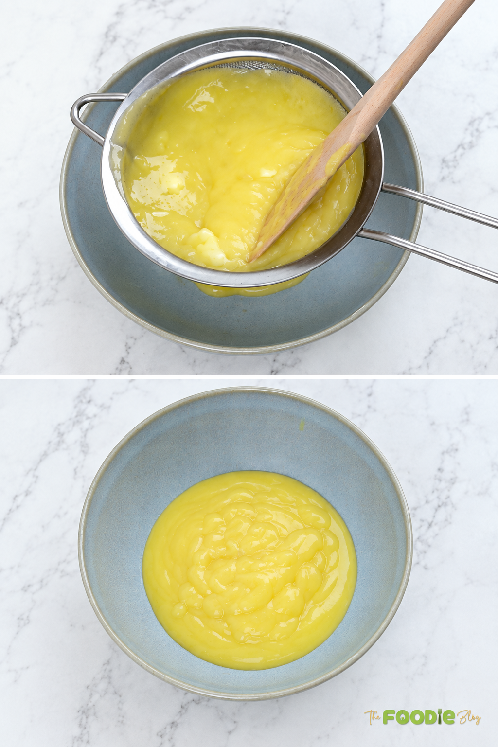 Freshly cooked lime curd being strained through a fine mesh sieve into a bowl.