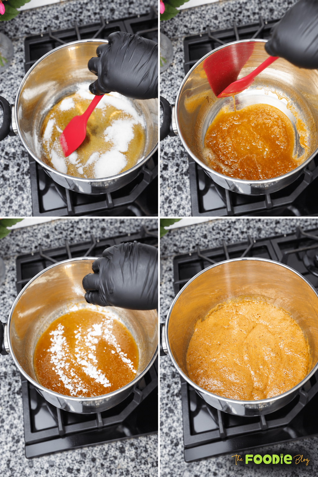 Sugar and butter cooking in a saucepan to make caramel sauce for popcorn.
