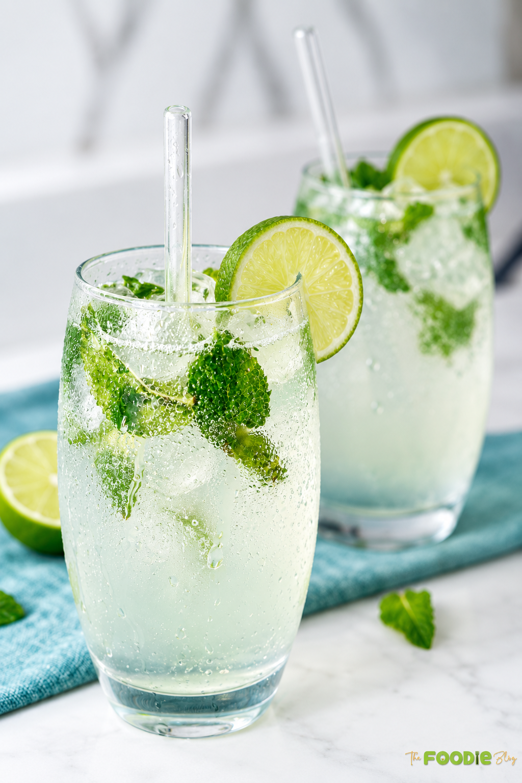 Two refreshing mojito cocktails with fresh mint, lime slices, ice, and glass straws.