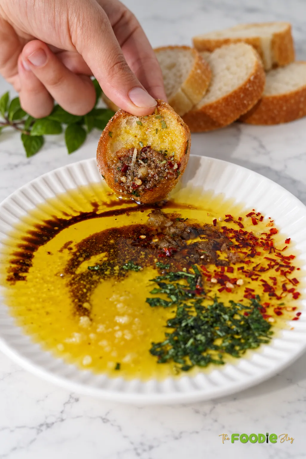 Slice of crusty bread dipped into olive oil with balsamic vinegar, garlic, basil, and red pepper flakes.