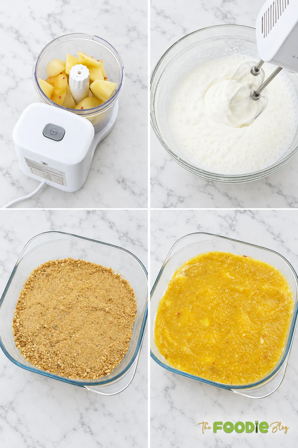 Step-by-step photos showing peaches blended, cream whipped, biscuit crust prepared, and peach filling layered in a dish.