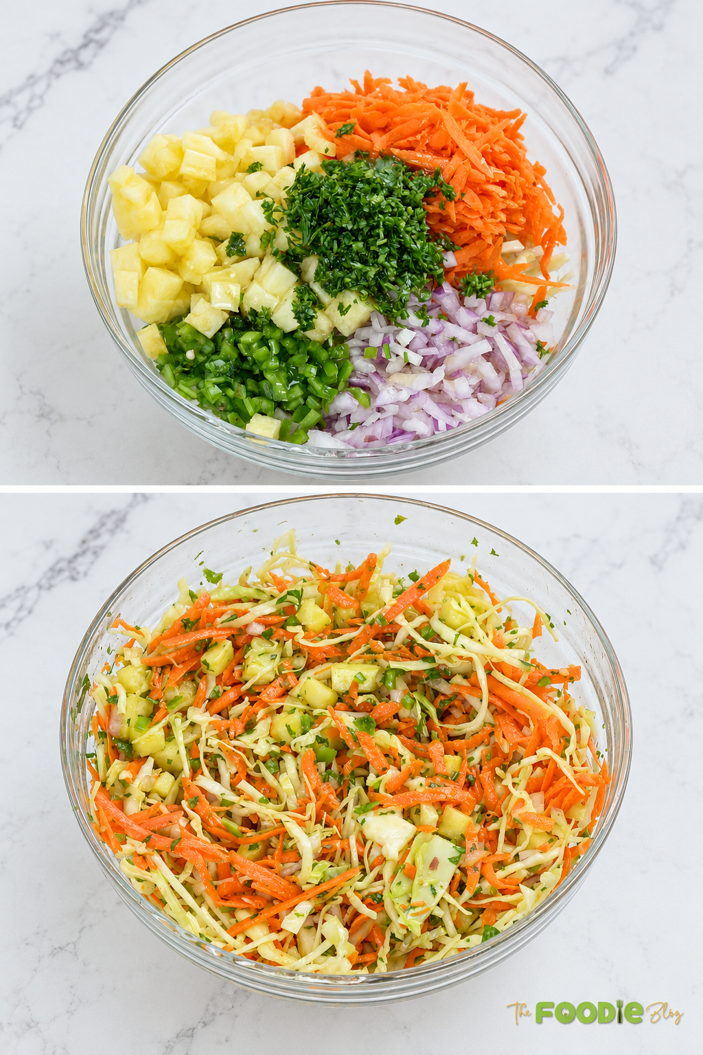 Step-by-step photos showing cabbage, carrots, pineapple, red onion, cilantro, and jalapeños being tossed together for pineapple coleslaw.