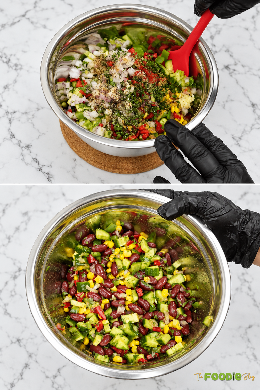Kidney beans, corn, cucumber, peppers, onion, parsley, garlic, and spices being mixed in a large bowl.