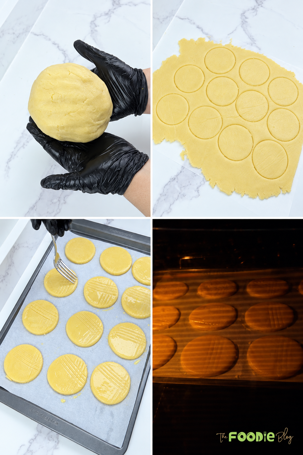 Step-by-step collage showing Galettes Bretonnes dough rolled out, cut into circles, marked with a fork, and baked.