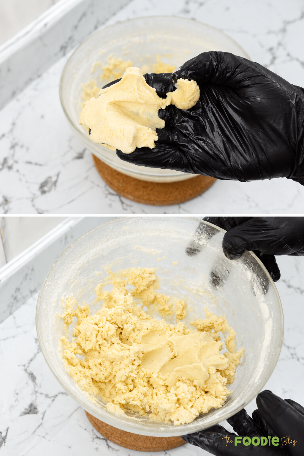 Soft shortbread cookie dough texture shown in a gloved hand and mixing bowl.