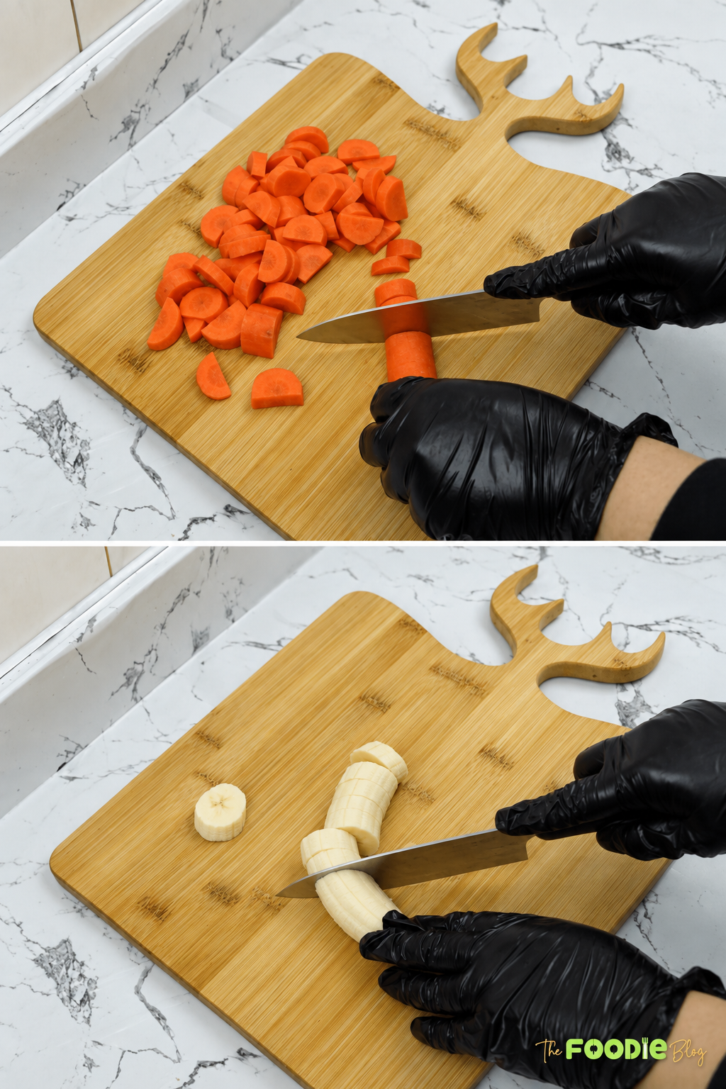 Carrots and banana being sliced on a wooden cutting board for beetroot juice.