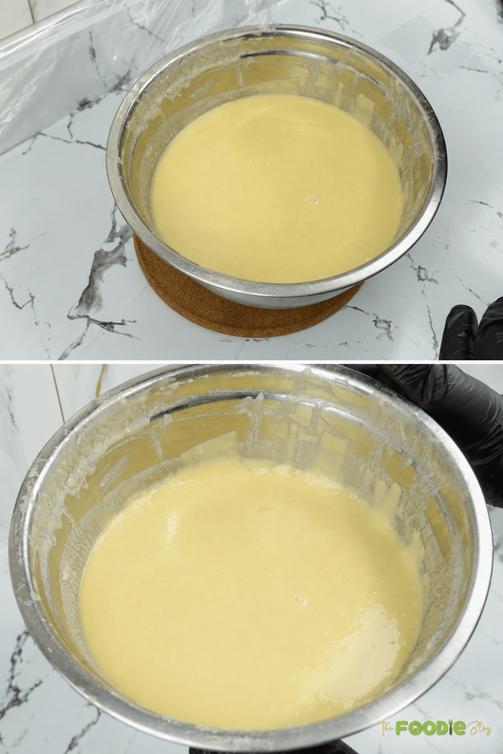 Smooth homemade waffle batter in a stainless steel mixing bowl