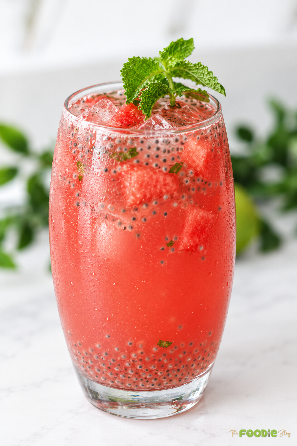 Refreshing watermelon lemonade with basil seeds, ice cubes, watermelon chunks, and fresh mint.