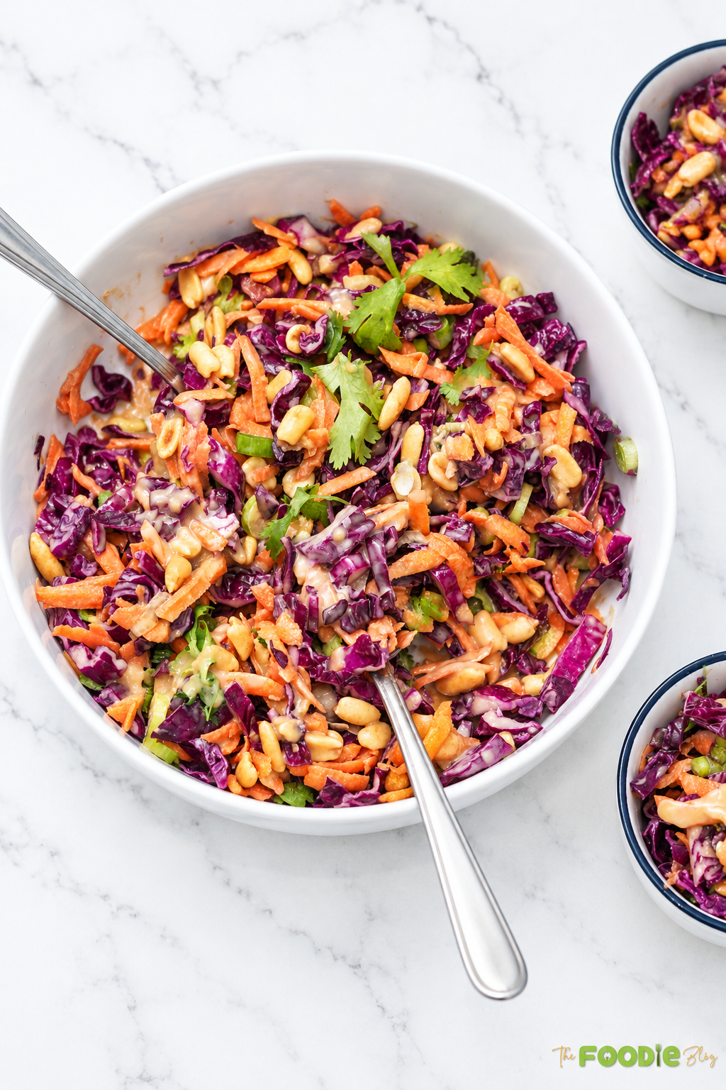 Overhead view of Asian slaw topped with peanuts, cilantro, and creamy sesame dressing.