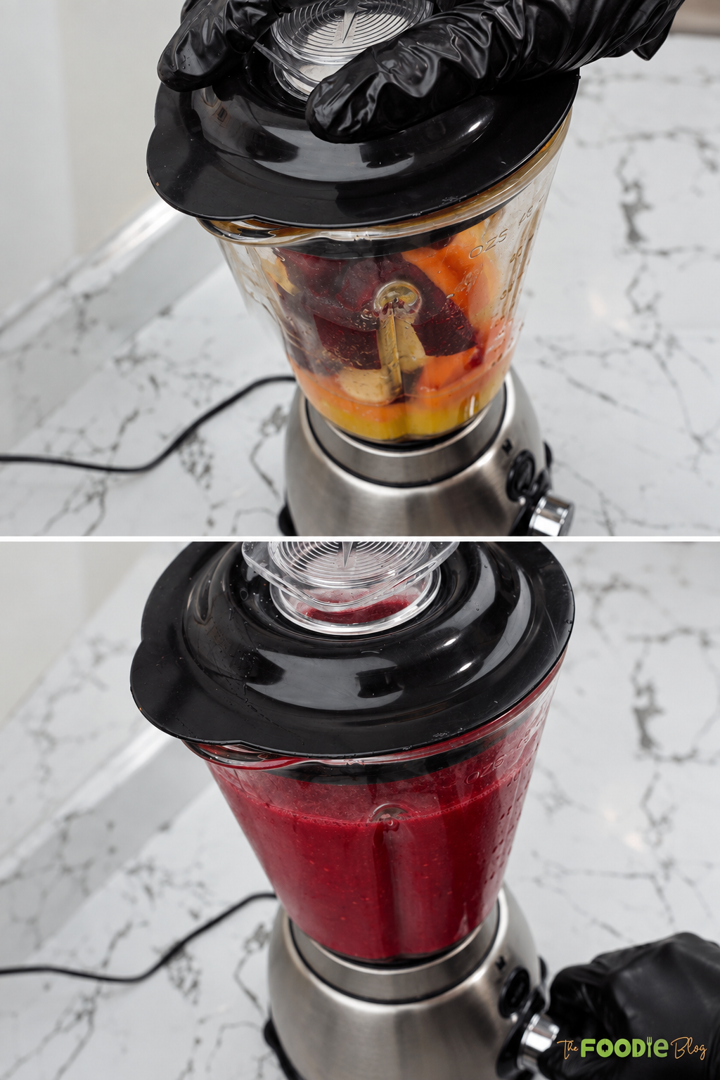 Beetroot, carrots, banana, and orange juice being blended into a smooth red drink.