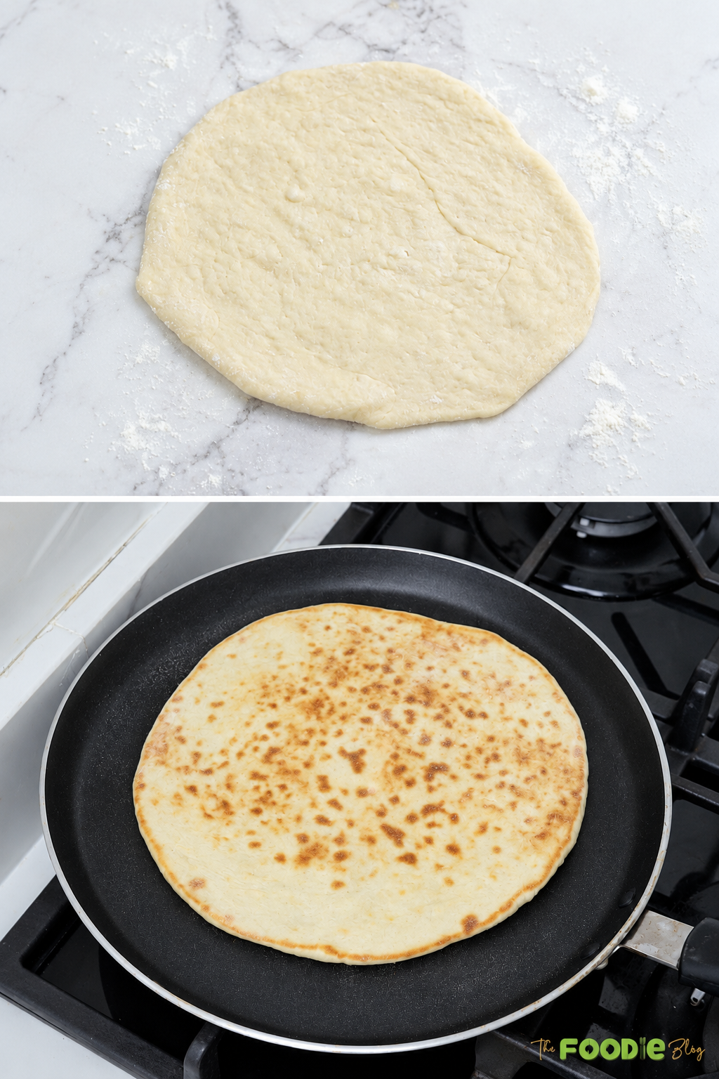 Cheese naan dough rolled flat and cooked in a skillet until soft with golden brown spots.