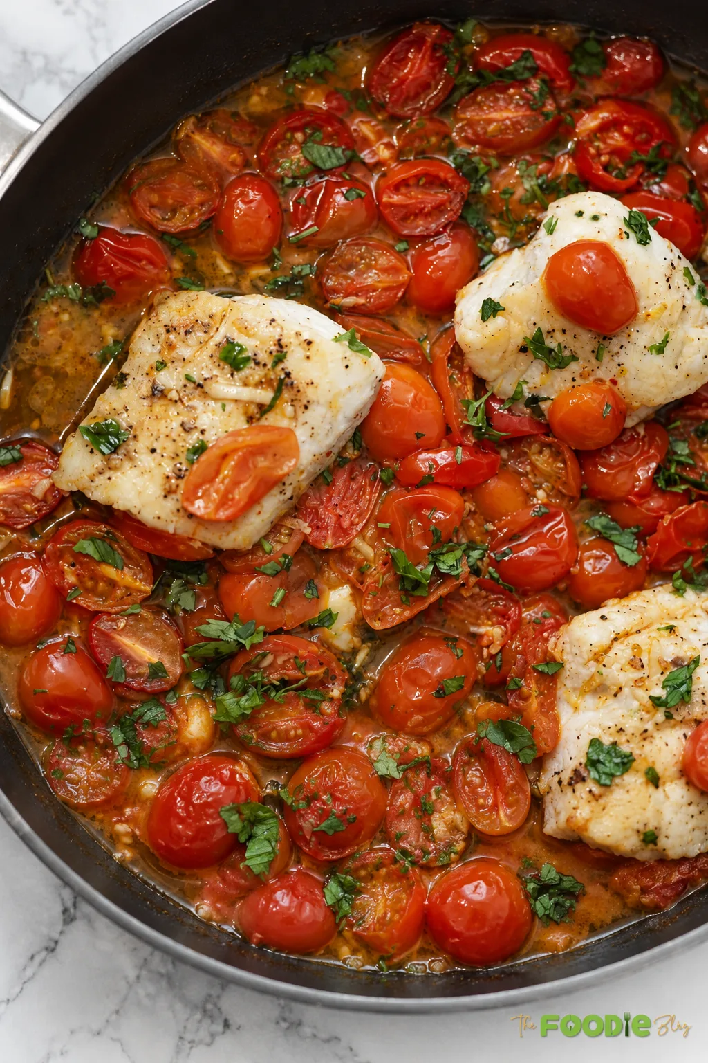 Cod fillets with cherry tomato basil sauce served over white rice on a plate.