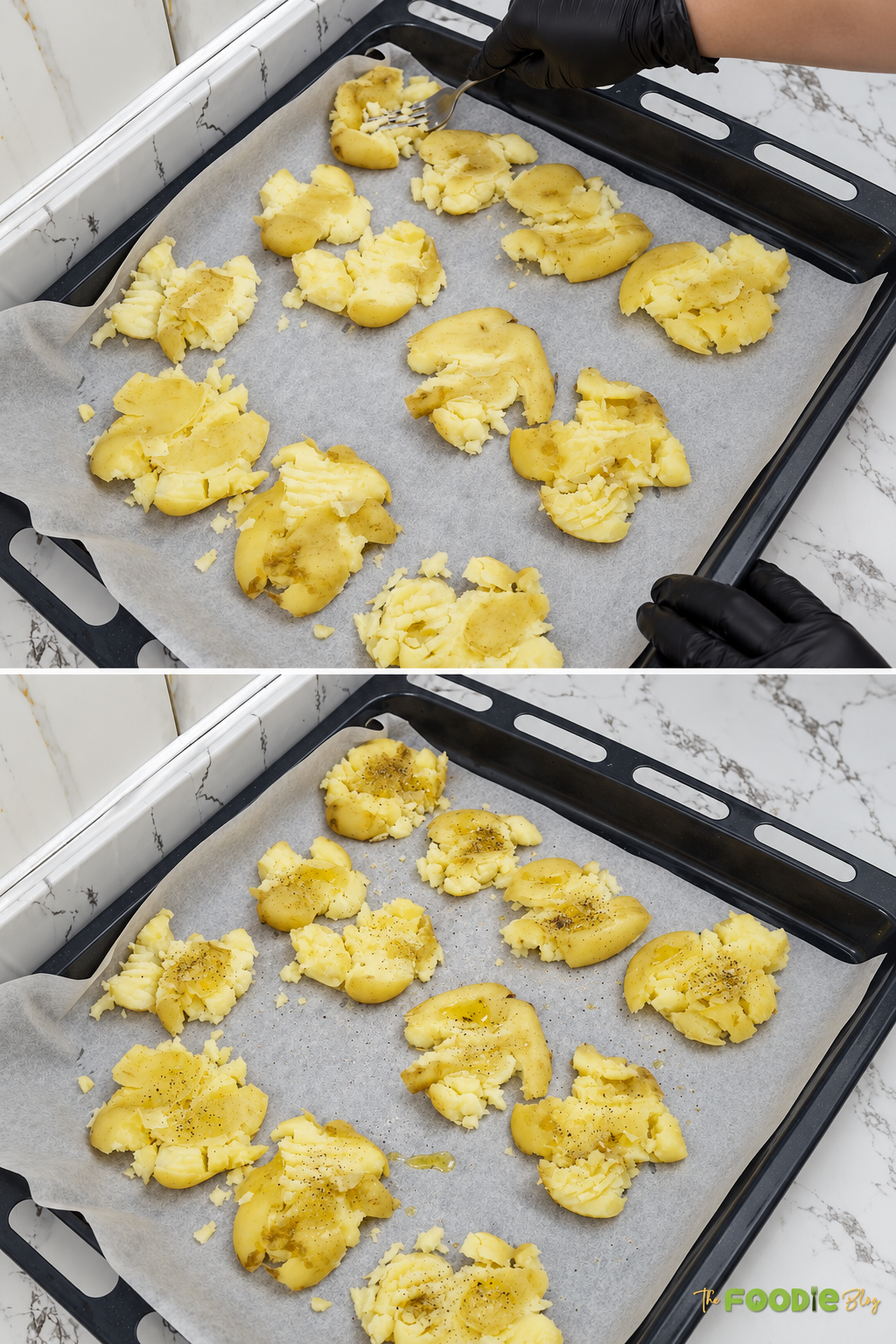 Boiled potatoes smashed with a fork and seasoned with olive oil, salt, and black pepper.