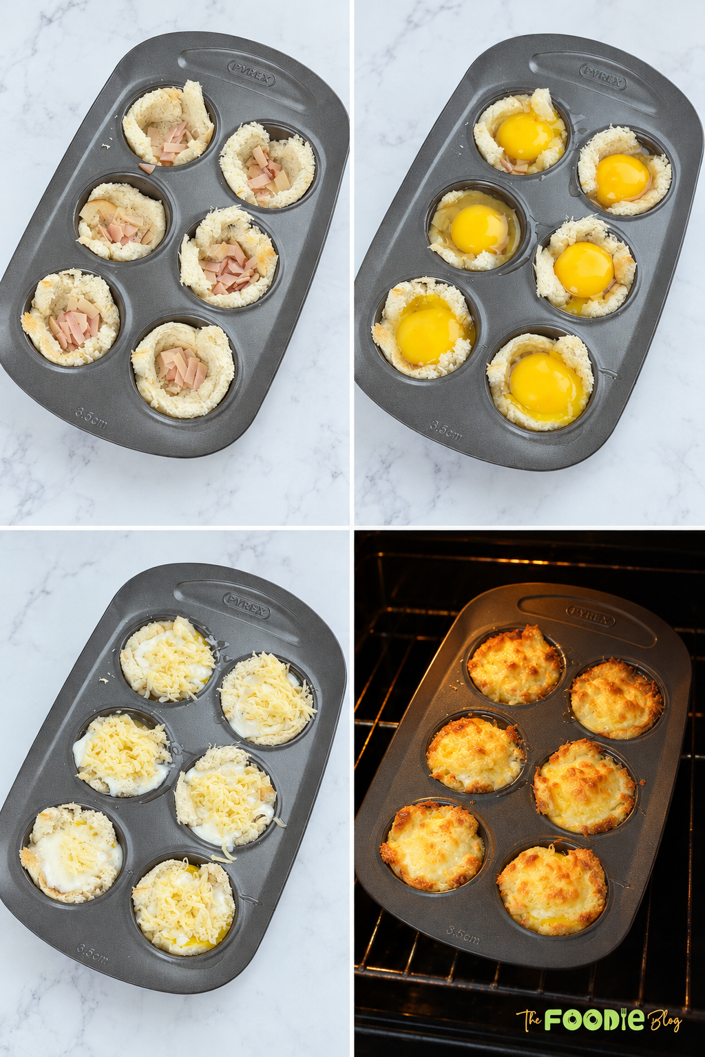Step-by-step photos showing creamy cheese sauce made with butter, flour, milk, mustard, and seasoning for Croque Madame.