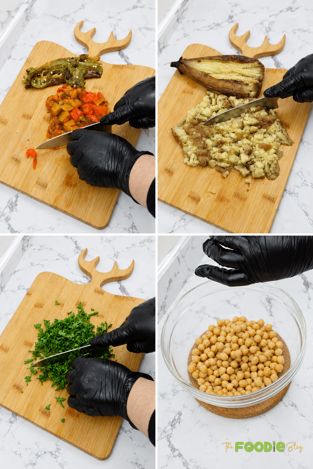 Chopping roasted eggplant and bell peppers for easy eggplant chickpea salad.