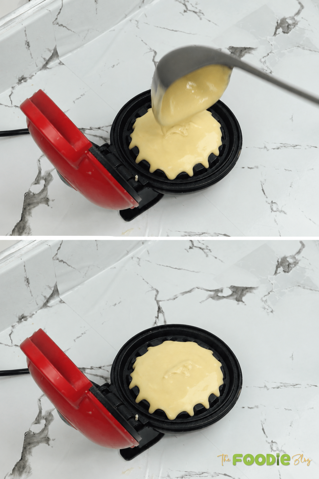 Homemade waffle batter being poured into a round waffle maker