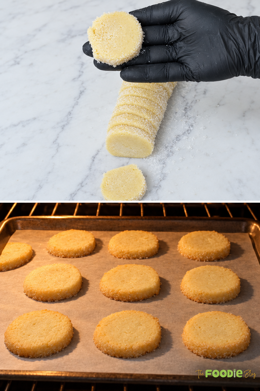 French sablé cookie rounds on a baking sheet turning lightly golden in the oven.
