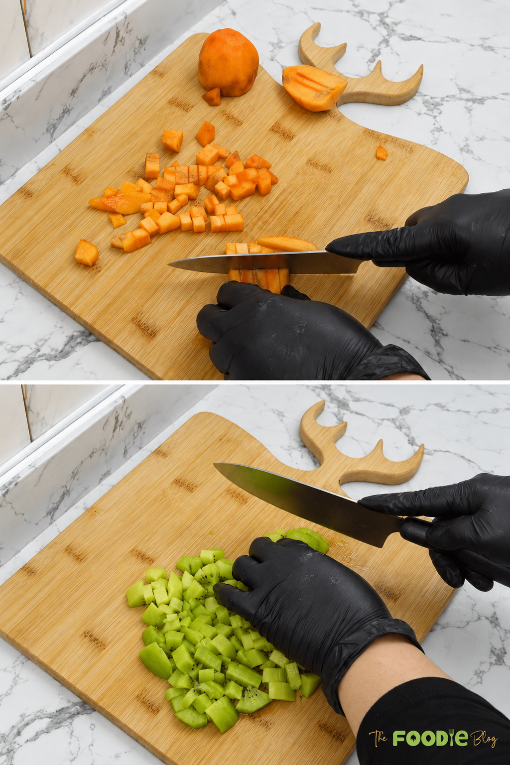 Persimmons and kiwi being peeled and diced for fresh fruit salad.