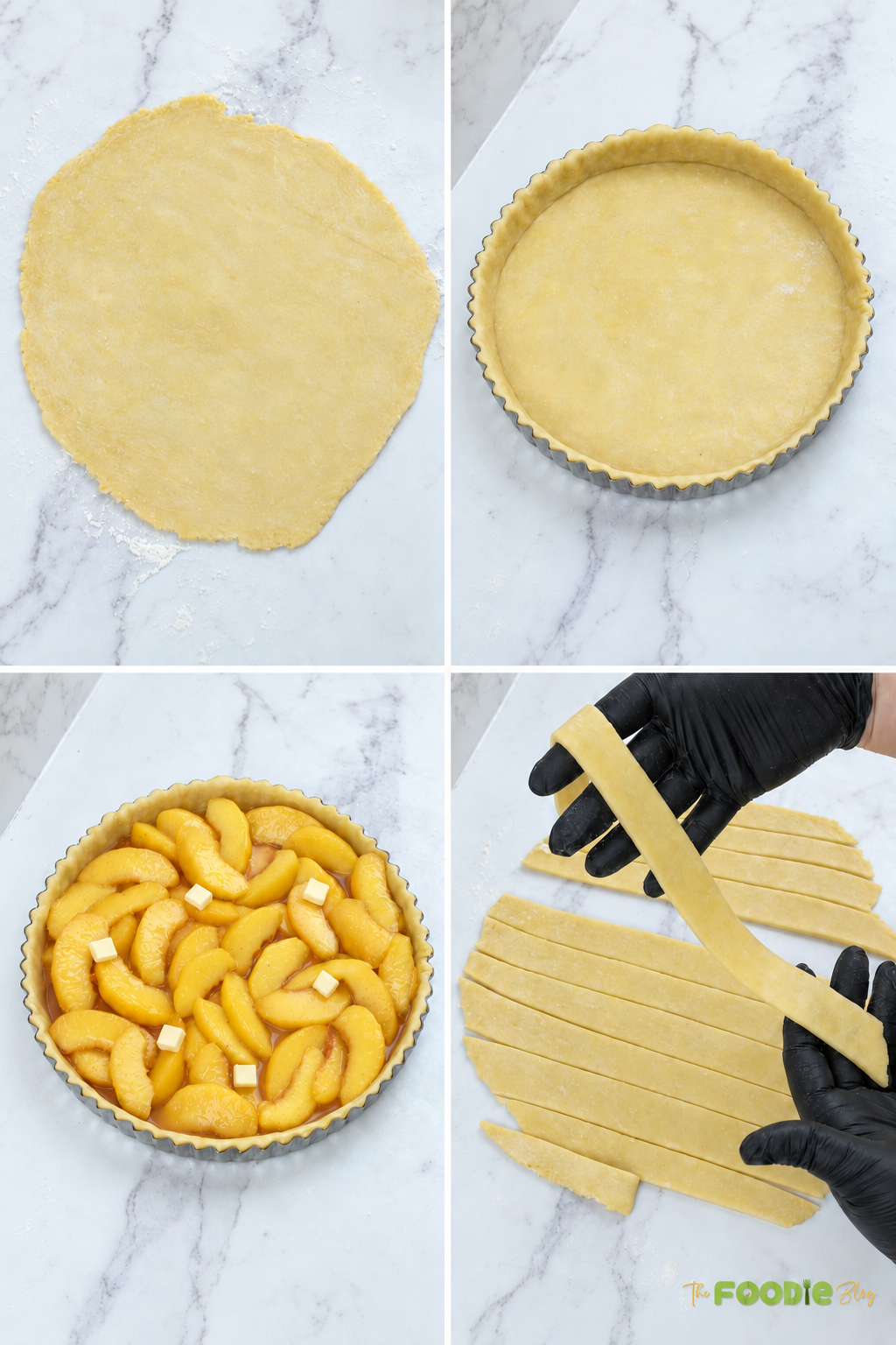 Step-by-step assembly of fresh peach pie with homemade crust, peach filling, and lattice strips.