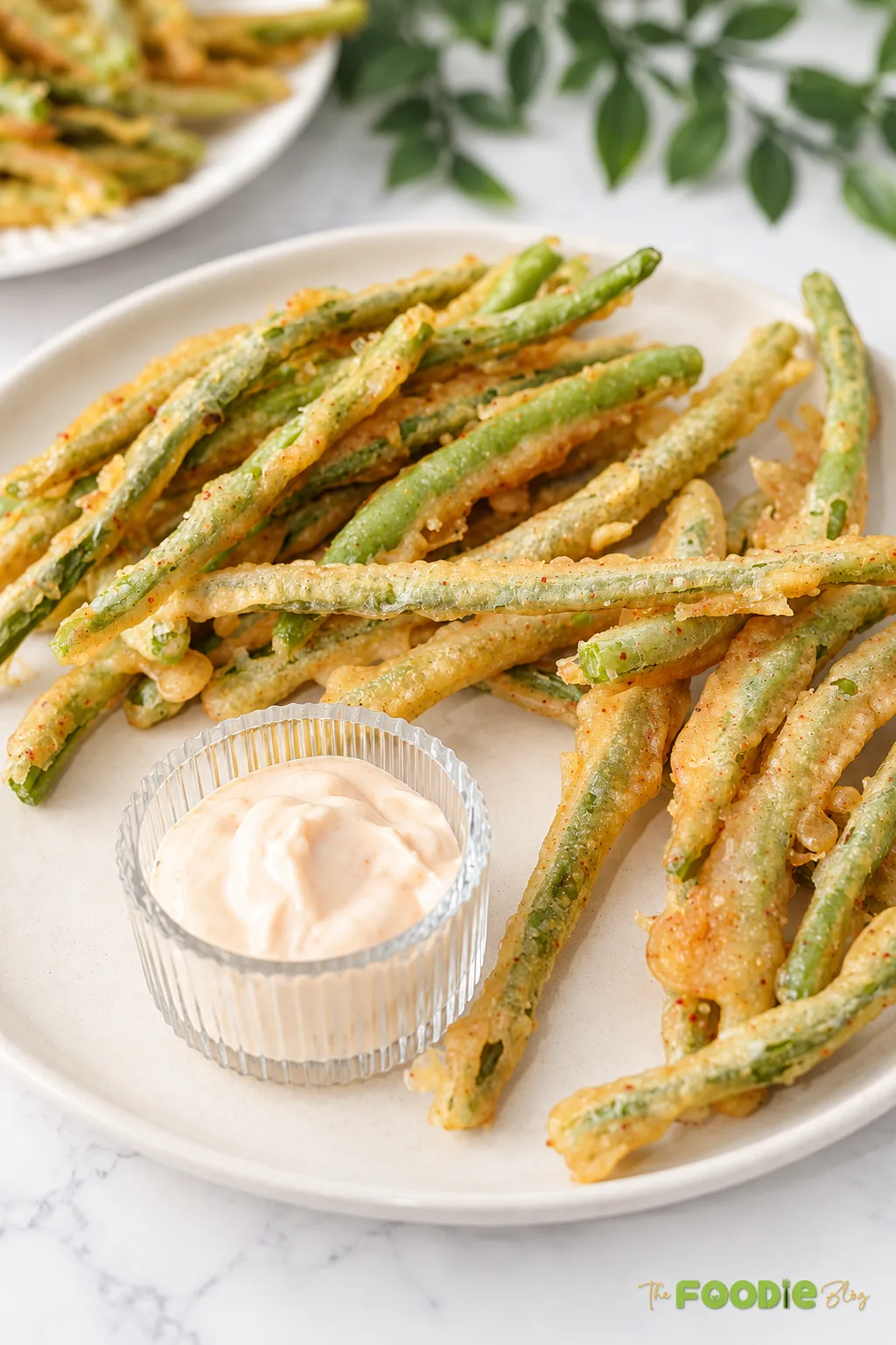 Close-up of crispy battered green beans served with creamy dipping sauce.