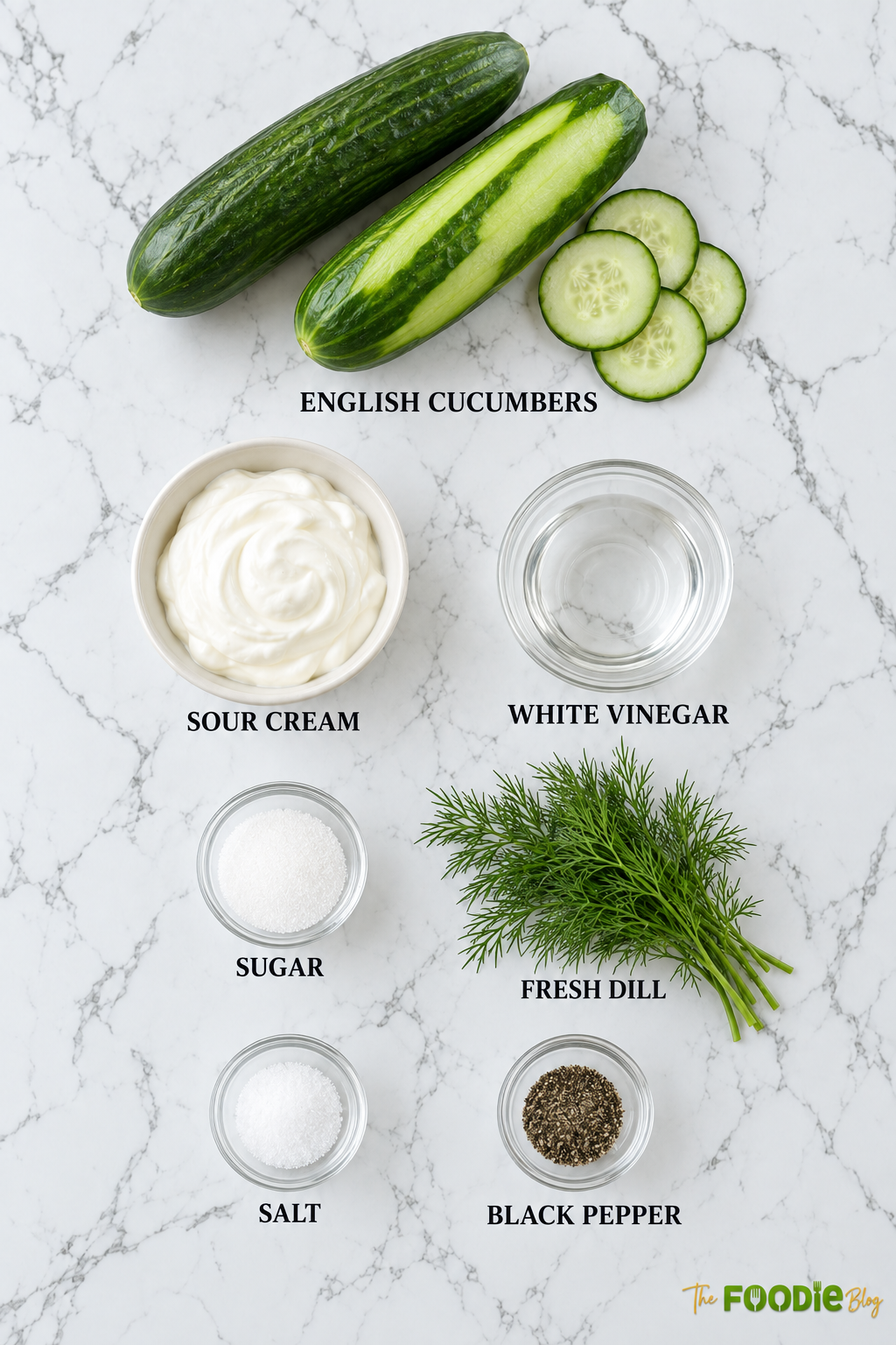 Ingredients for German cucumber salad including English cucumbers, sour cream, white vinegar, sugar, fresh dill, salt, and black pepper.