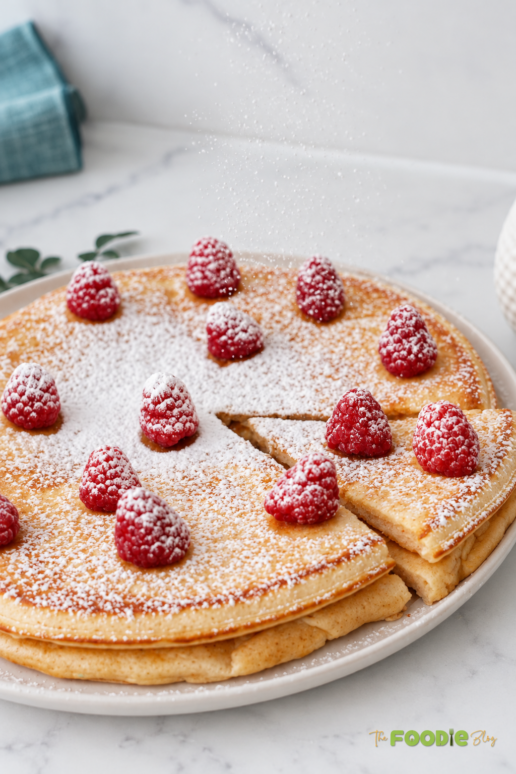 Powdered sugar being dusted over giant pancakes topped with fresh raspberries.