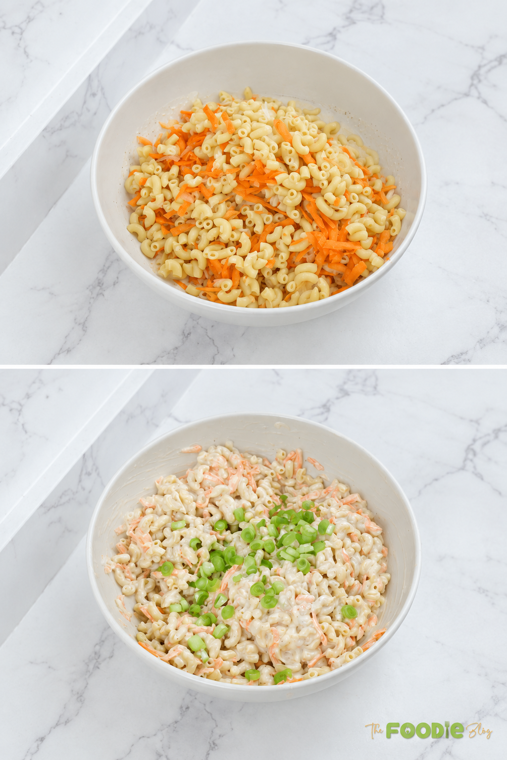 Hawaiian macaroni salad mixed with creamy dressing, shredded carrots, and green onions.