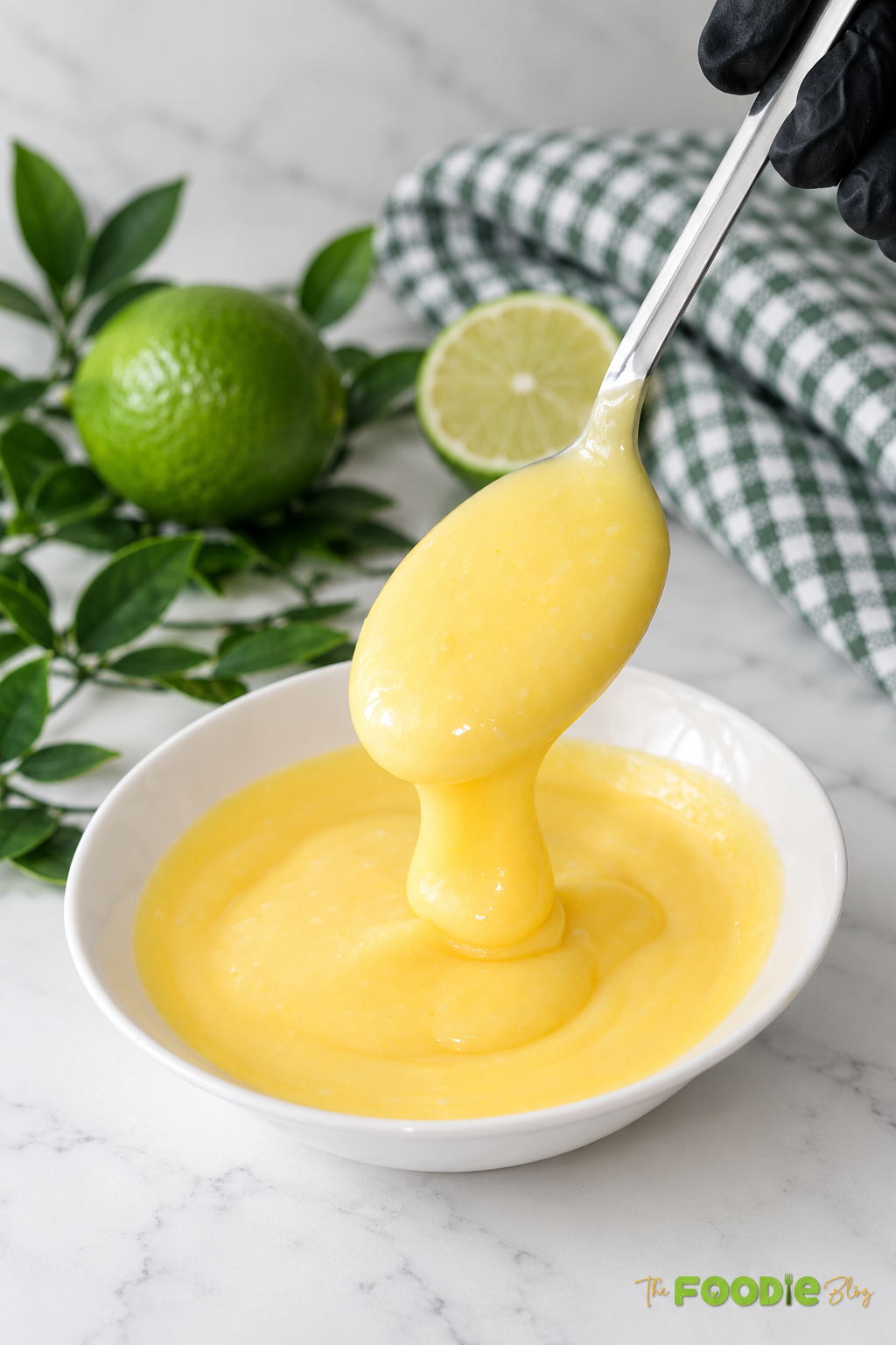 Thick homemade lime curd dripping slowly from a spoon above a white bowl.