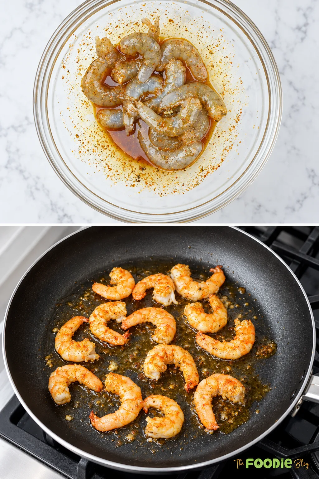 Step-by-step photos showing seasoned raw shrimp and shrimp cooking in a skillet for Mexican shrimp tacos.