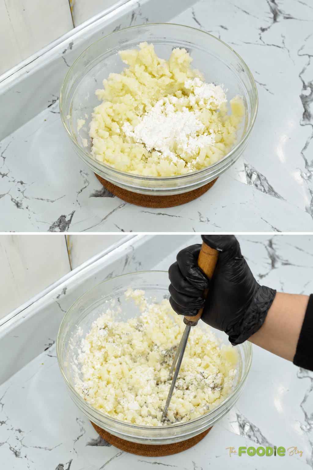 Cornstarch being added to mashed potatoes before mixing the potato ball dough.
