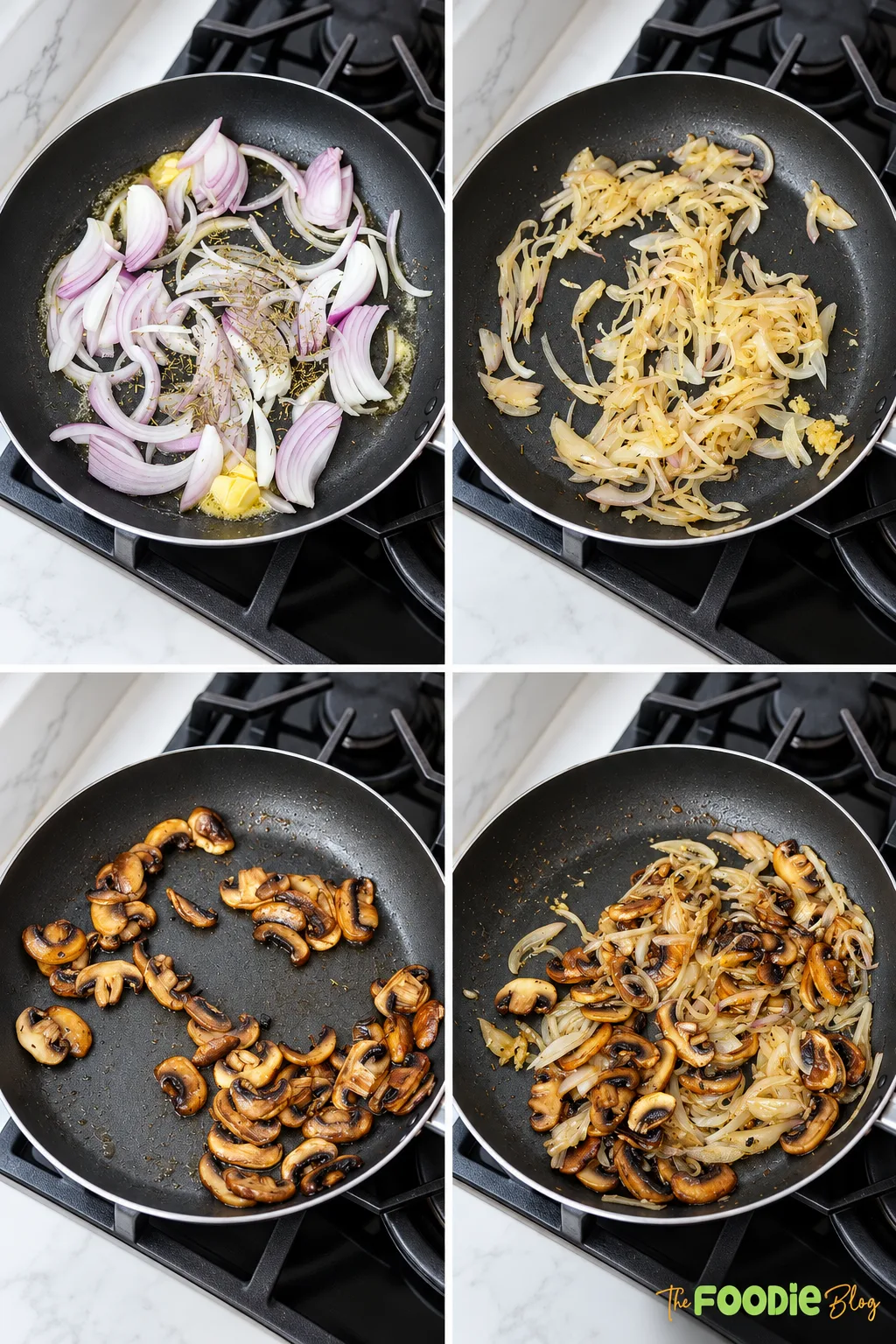 Step-by-step photos showing onions and mushrooms sautéed in a skillet for mushroom tart filling.