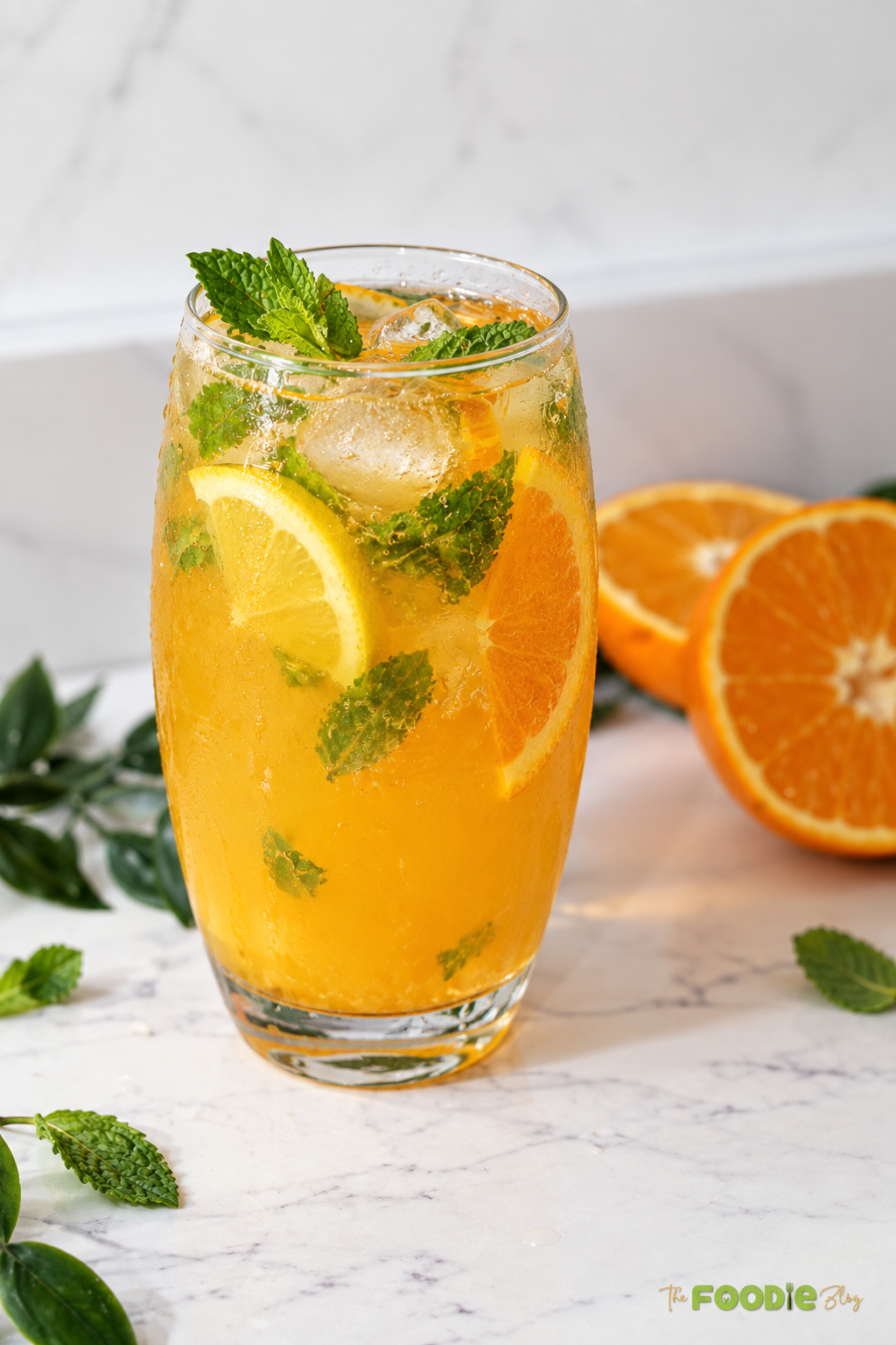 Homemade orange mojito with fresh mint, orange slices, lemon, ice, and soda water.