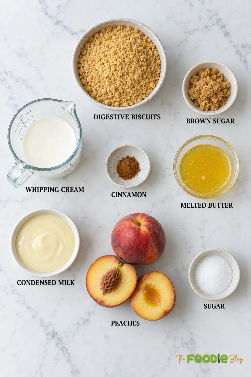 Ingredients for no-bake peach dessert including peaches, digestive biscuits, whipping cream, condensed milk, butter, brown sugar, cinnamon, and sugar.