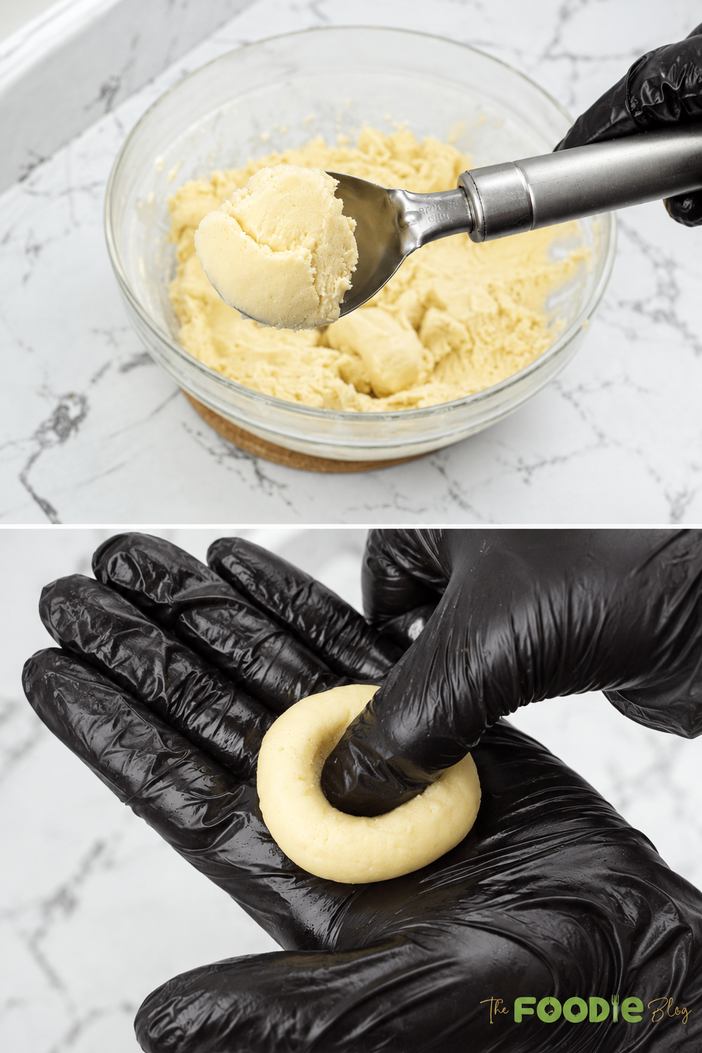Shortbread cookie dough being rolled into balls and pressed in the center for strawberry jam.