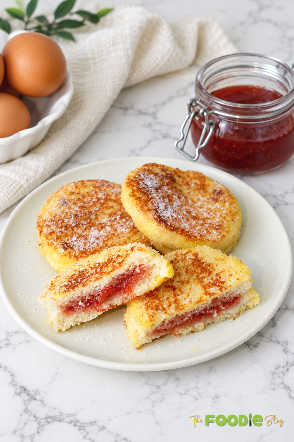 Jammy donut French toast served with strawberry jam, with one piece cut open to show the filling.