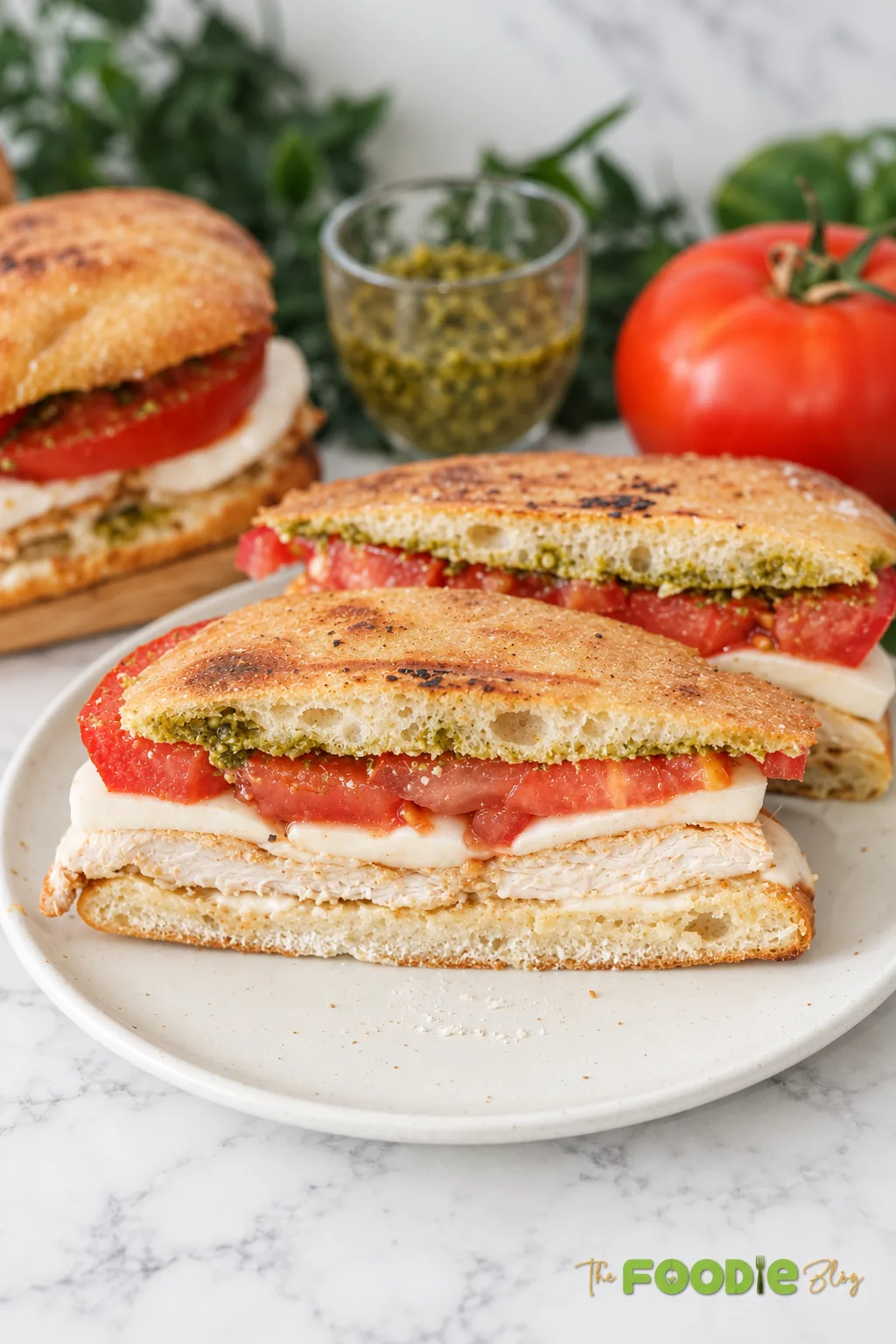 Chicken pesto mozzarella sandwich with tomato and toasted ciabatta