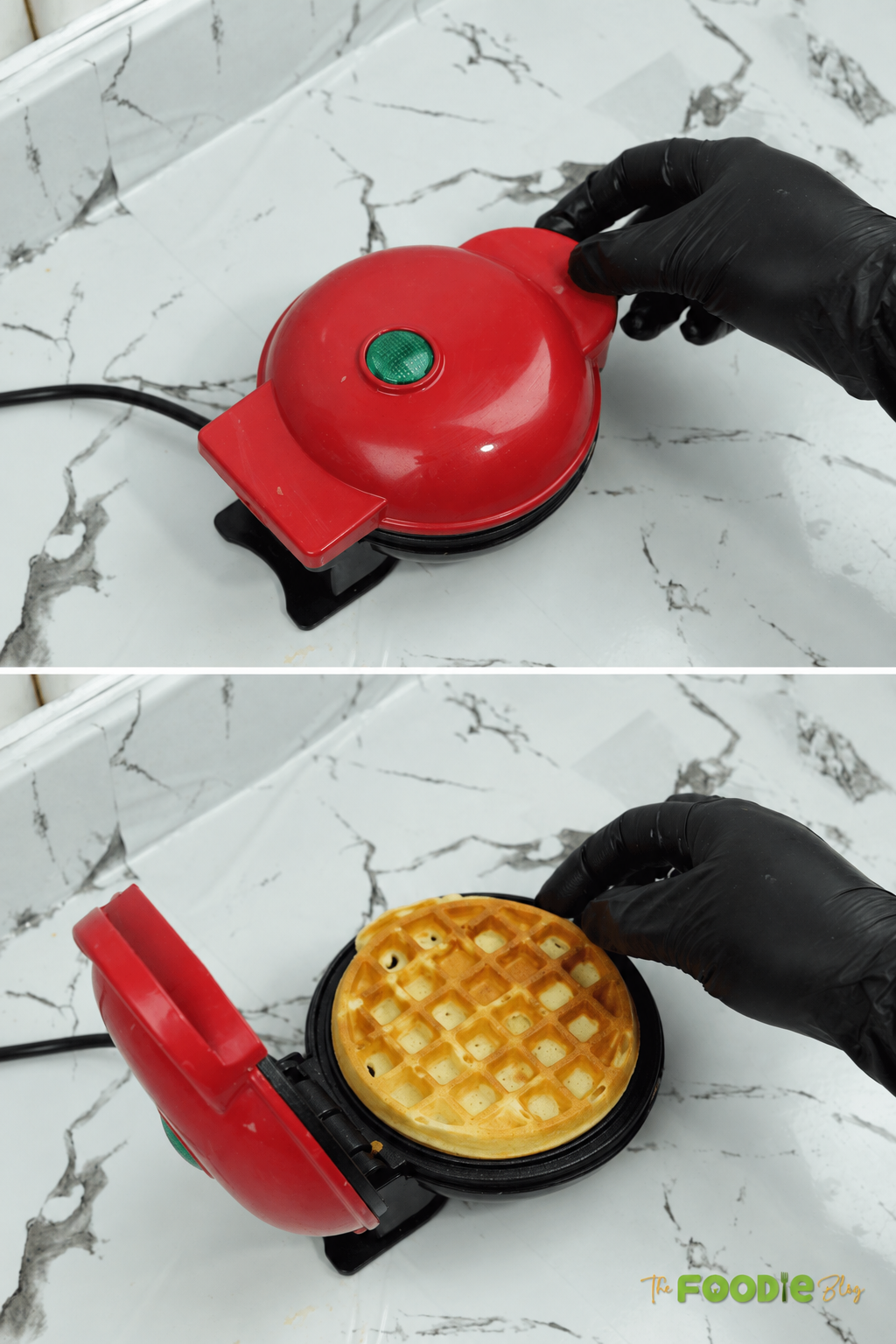 Golden homemade waffle freshly cooked in a round waffle maker