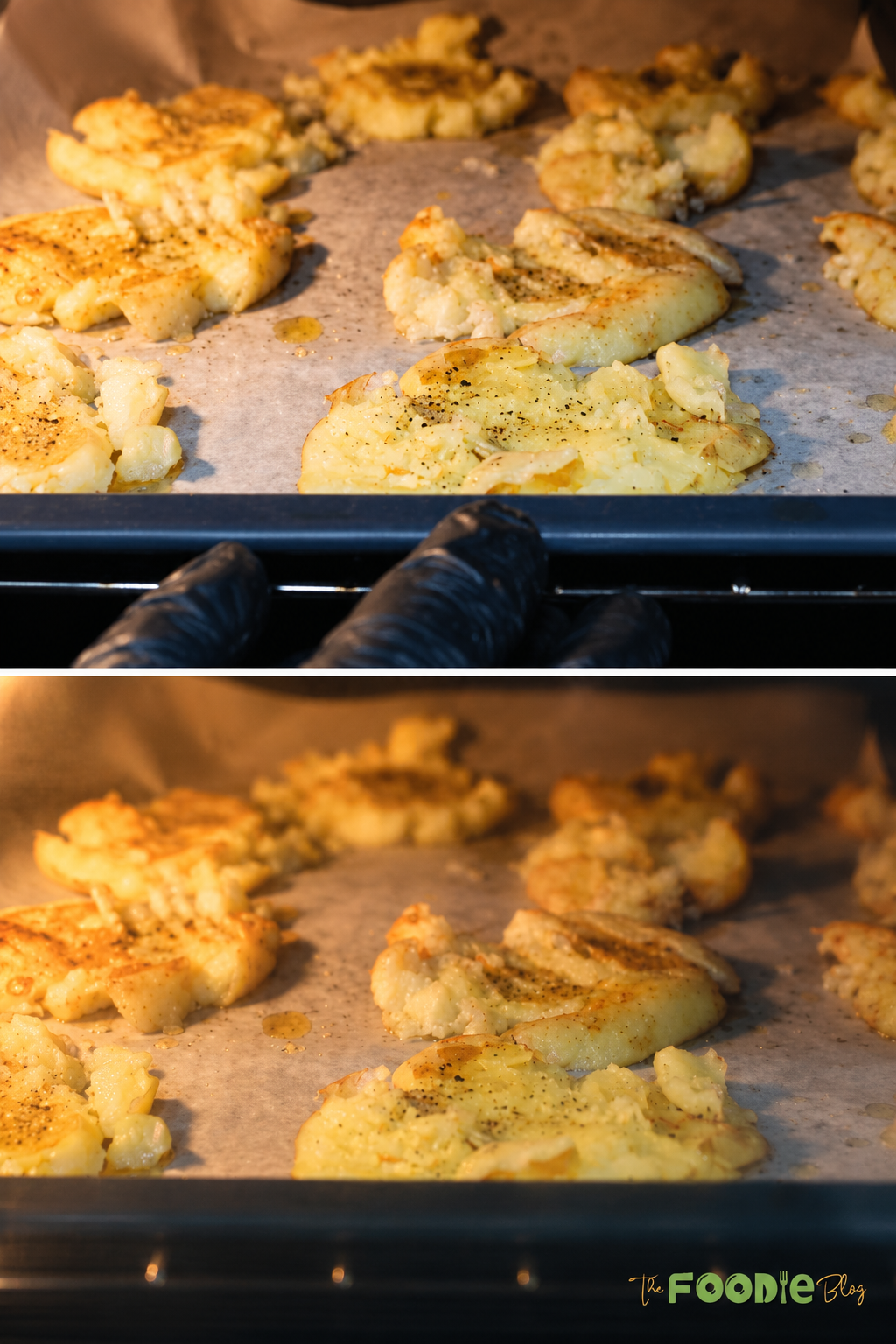 Smashed potatoes roasting in the oven until golden brown and crispy.