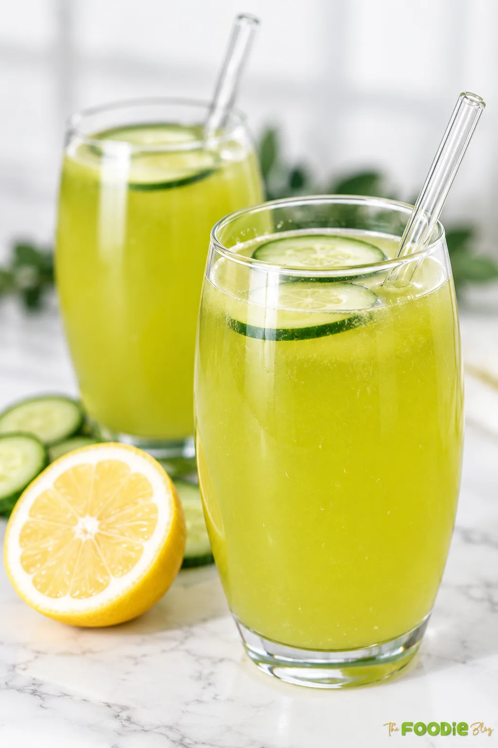 Close-up of fresh cucumber lemonade in a glass with cucumber slices and a glass straw.