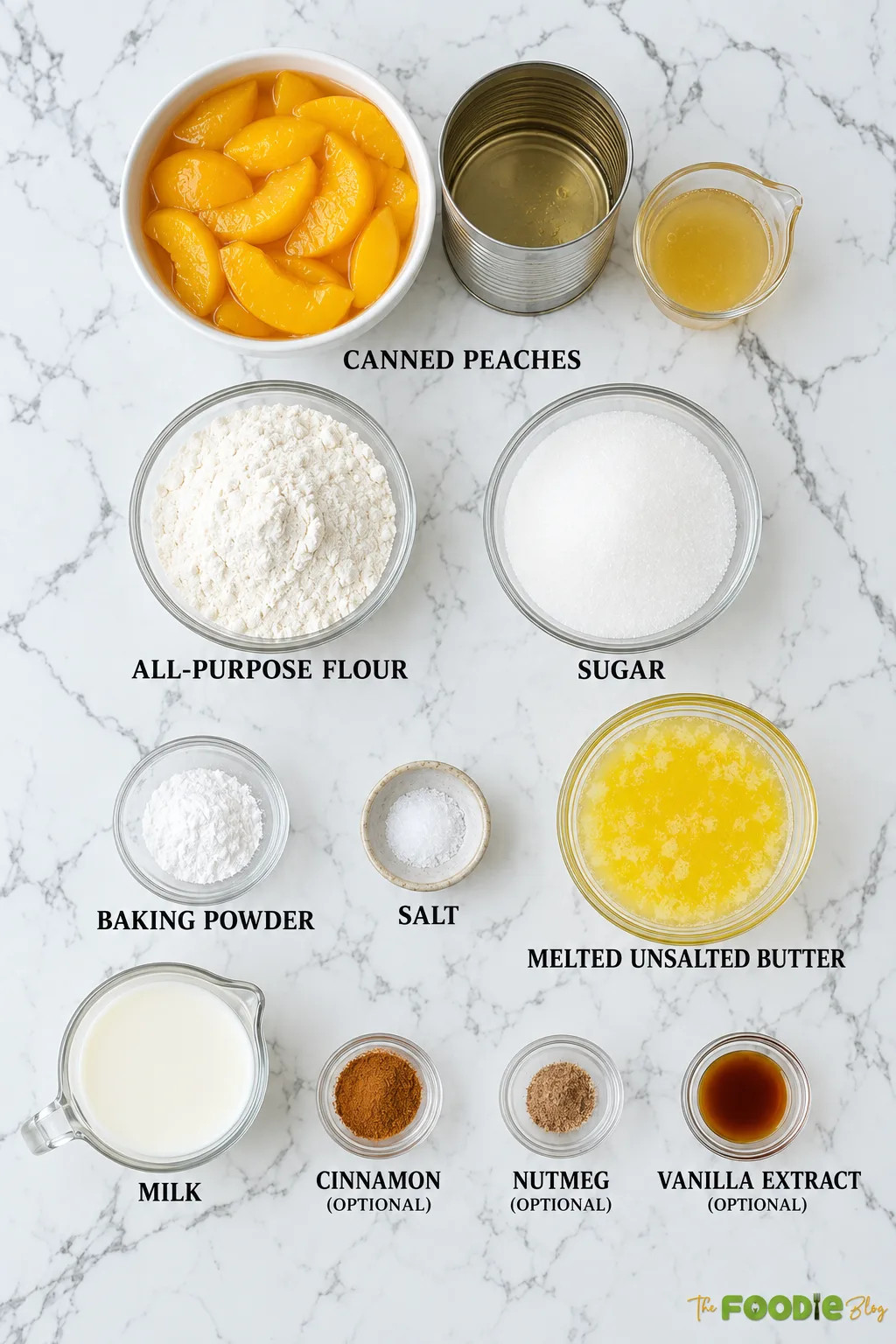 Ingredients for easy canned peach cobbler including canned peaches, flour, sugar, butter, milk, baking powder, salt, cinnamon, nutmeg, and vanilla.
