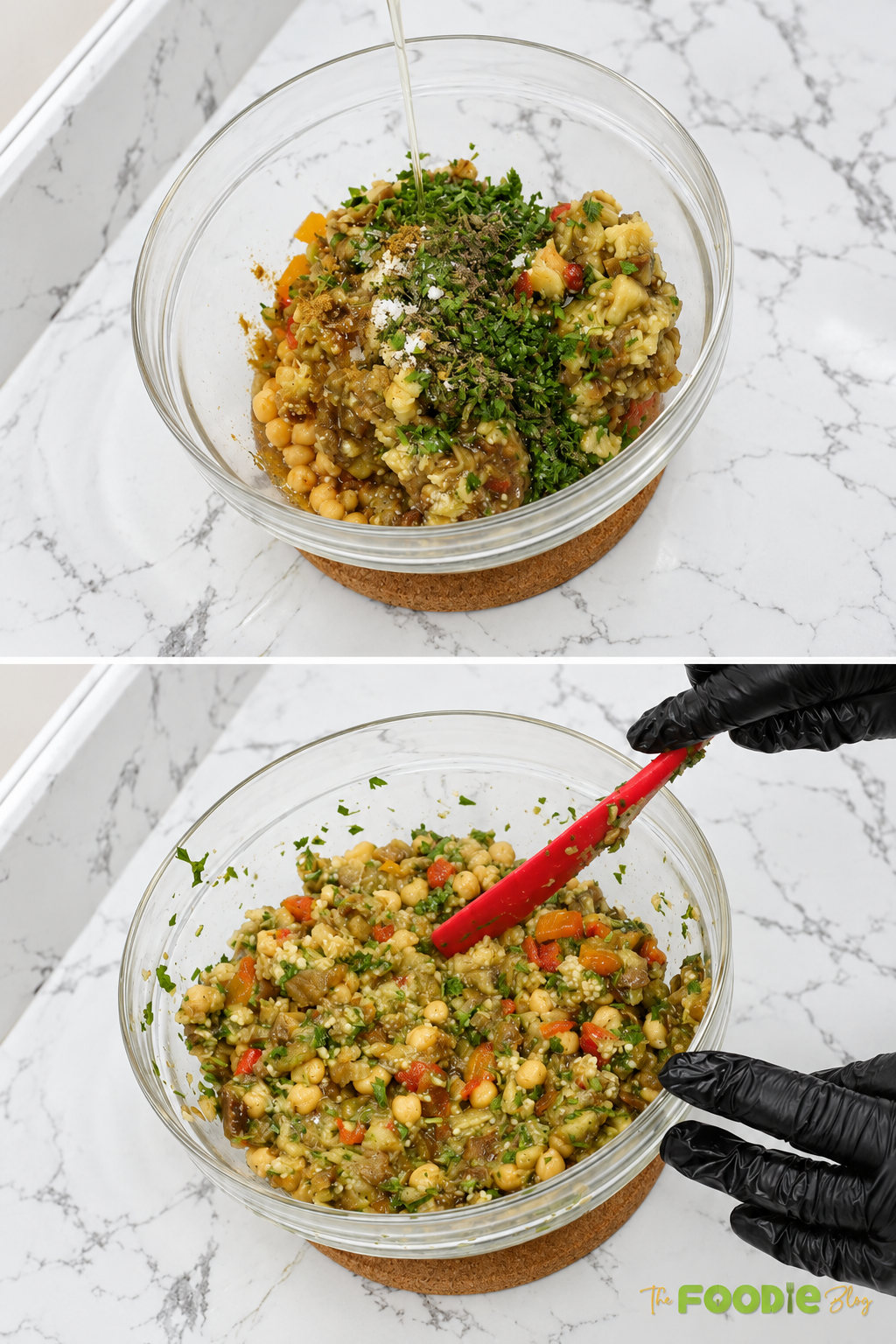 Mixing roasted eggplant, chickpeas, bell peppers, parsley, and seasonings in a glass bowl.