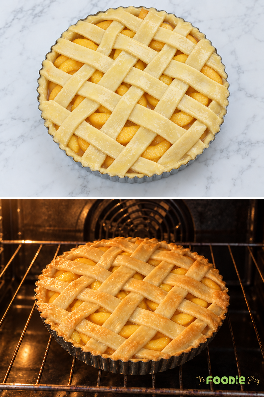 Fresh peach pie with lattice crust before baking and turning golden brown in the oven.