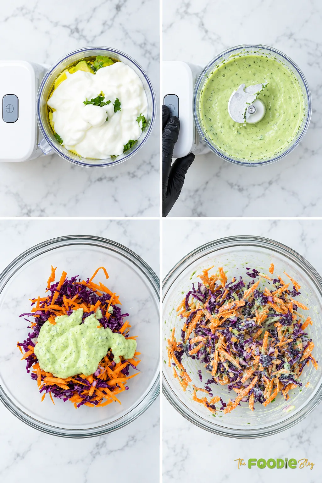 Step-by-step photos showing avocado cilantro lime crema blended and mixed with red cabbage and carrots for taco slaw.