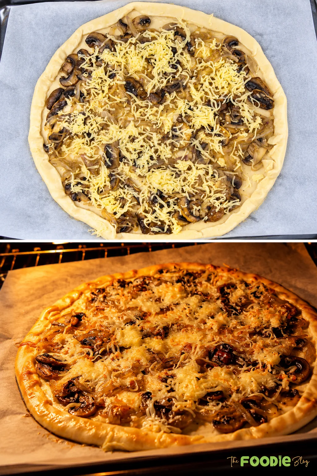 Step-by-step photos showing mushroom tart topped with Gruyere cheese before and after baking.
