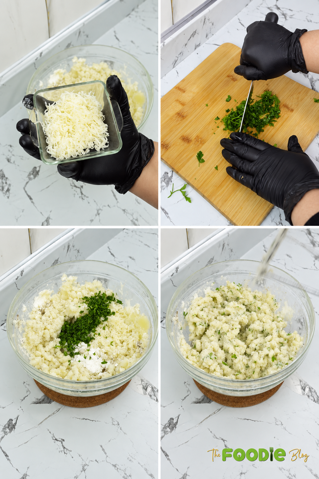 Parmesan cheese, chopped parsley, herbs, salt, and pepper being added to mashed potatoes.