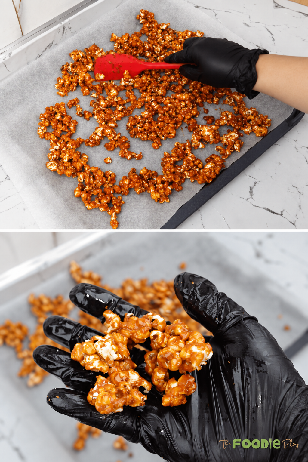 Caramel popcorn spread onto a parchment-lined baking sheet to cool and crisp.